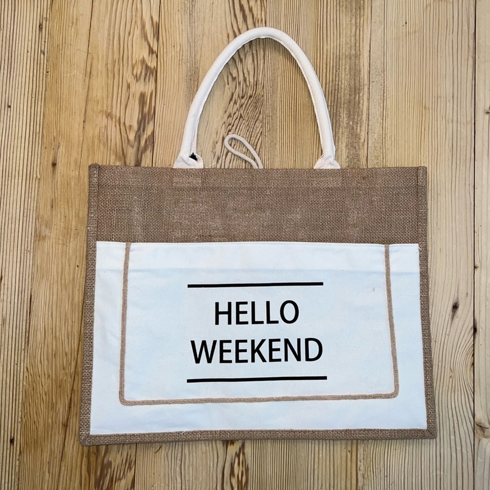 Hello Weekend Tote Bag White And Tan Raffia/Burlap Material